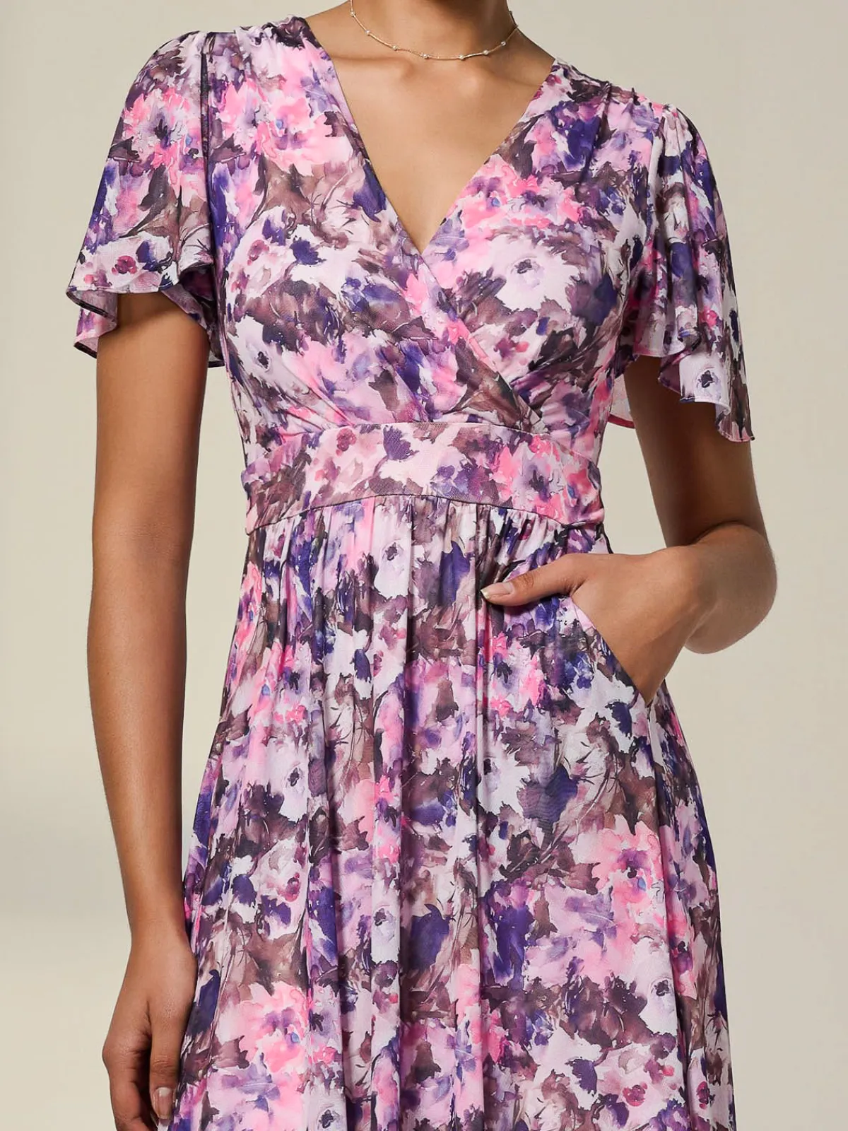Jolie Moi Occasion Dresses|Summer Dresses-Petite Mesh Short Sleeve Wrap Midaxi Dress, Pink Abstract