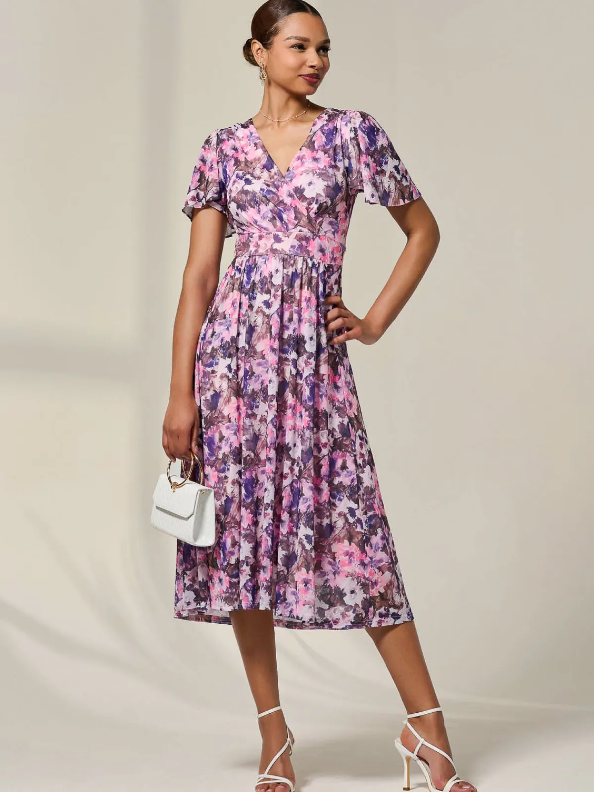 Jolie Moi Occasion Dresses|Summer Dresses-Petite Mesh Short Sleeve Wrap Midaxi Dress, Pink Abstract
