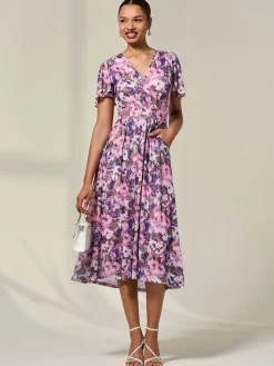 Jolie Moi Occasion Dresses|Summer Dresses-Petite Mesh Short Sleeve Wrap Midaxi Dress, Pink Abstract