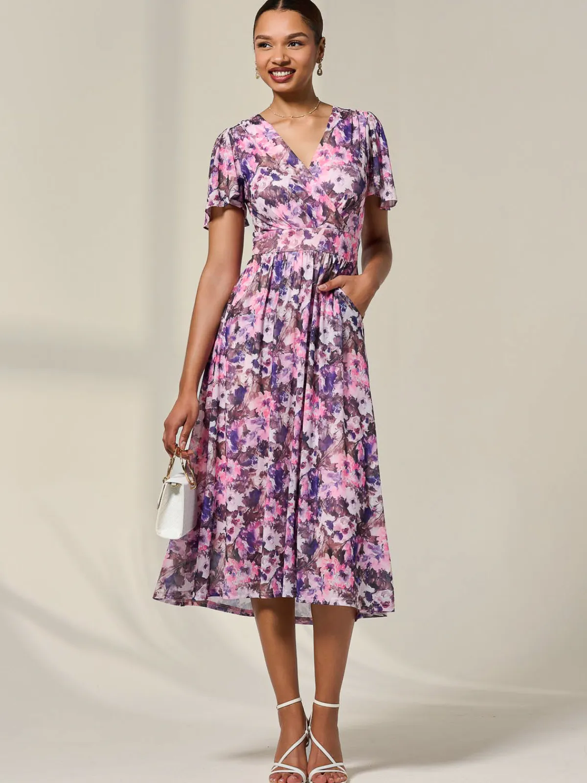 Jolie Moi Occasion Dresses|Summer Dresses-Petite Mesh Short Sleeve Wrap Midaxi Dress, Pink Abstract