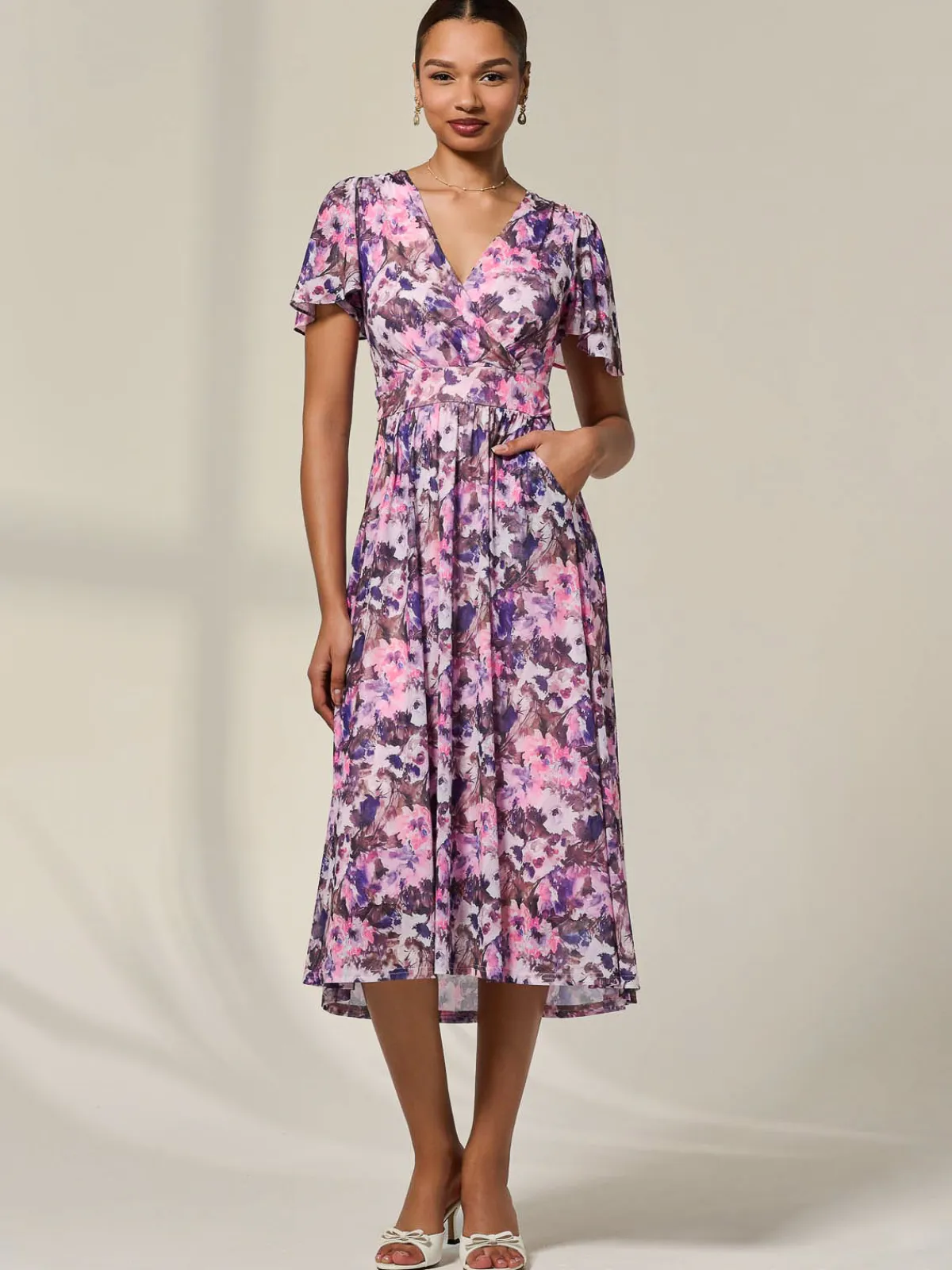 Jolie Moi Occasion Dresses|Summer Dresses-Petite Mesh Short Sleeve Wrap Midaxi Dress, Pink Abstract