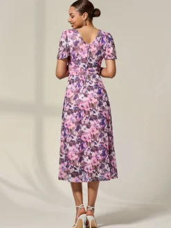 Jolie Moi Occasion Dresses|Summer Dresses-Petite Mesh Short Sleeve Wrap Midaxi Dress, Pink Abstract