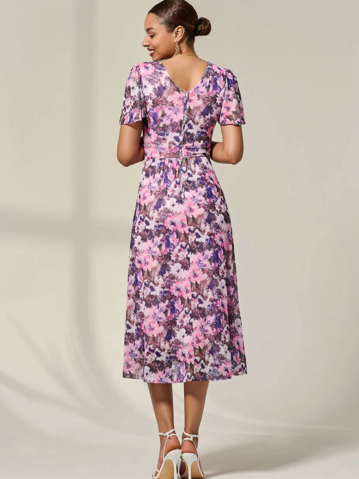 Jolie Moi Occasion Dresses|Summer Dresses-Petite Mesh Short Sleeve Wrap Midaxi Dress, Pink Abstract