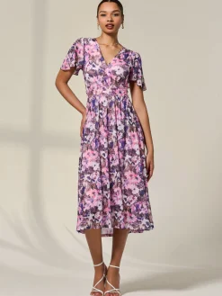 Jolie Moi Occasion Dresses|Summer Dresses-Petite Mesh Short Sleeve Wrap Midaxi Dress, Pink Abstract