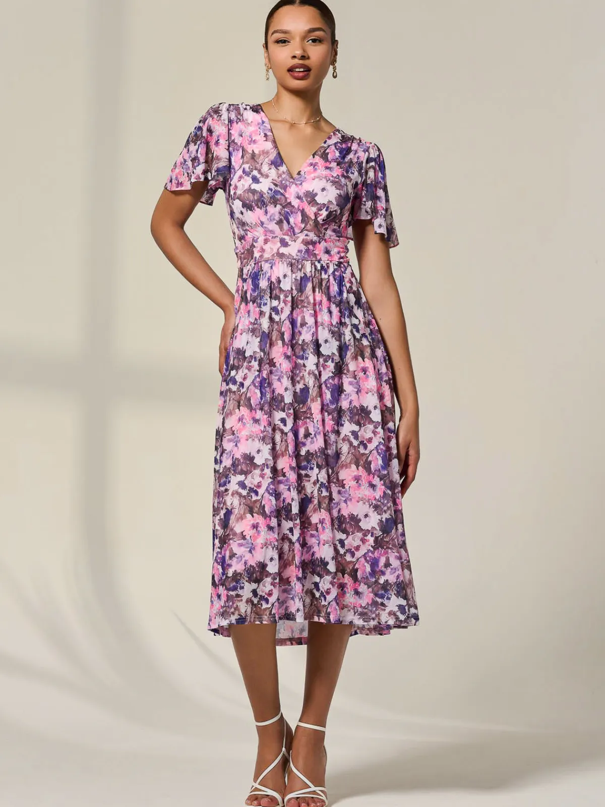 Jolie Moi Occasion Dresses|Summer Dresses-Petite Mesh Short Sleeve Wrap Midaxi Dress, Pink Abstract