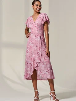 Jolie Moi Occasion Dresses|Floral Dresses-Petite Mesh Short Sleeve Wrap Midaxi Dress, Pink Floral