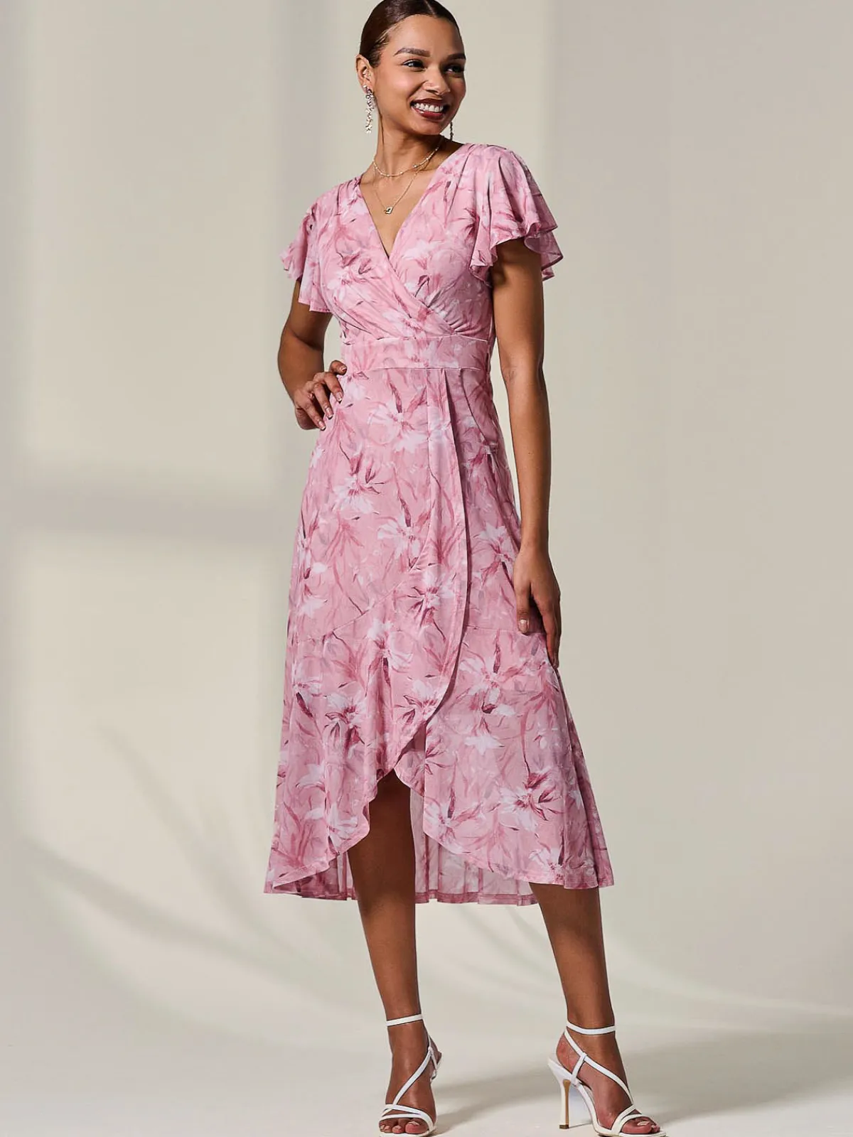 Jolie Moi Occasion Dresses|Floral Dresses-Petite Mesh Short Sleeve Wrap Midaxi Dress, Pink Floral