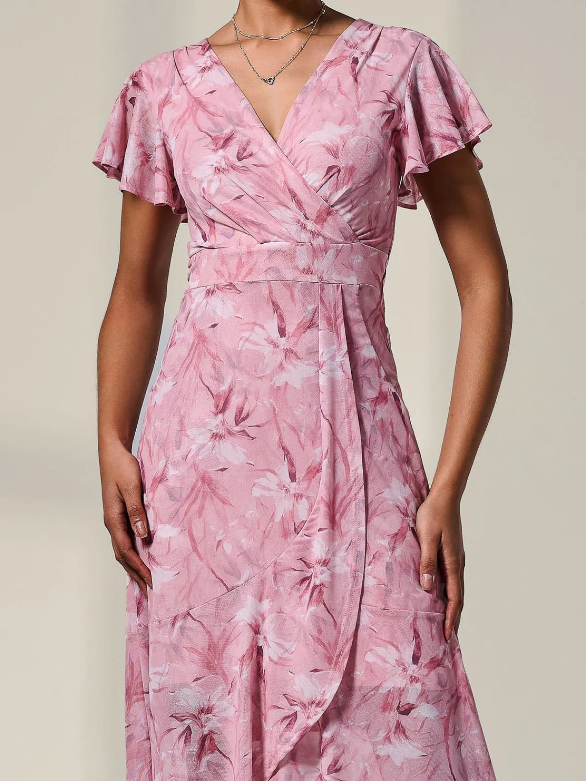 Jolie Moi Occasion Dresses|Floral Dresses-Petite Mesh Short Sleeve Wrap Midaxi Dress, Pink Floral