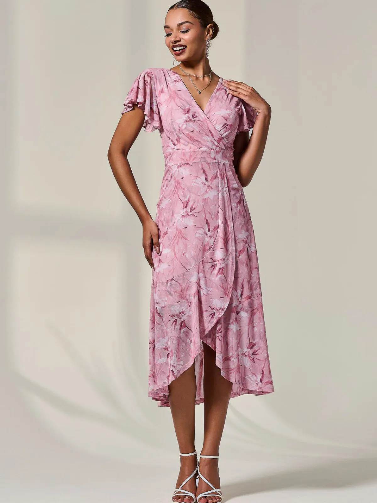 Jolie Moi Occasion Dresses|Floral Dresses-Petite Mesh Short Sleeve Wrap Midaxi Dress, Pink Floral