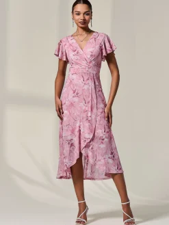 Jolie Moi Occasion Dresses|Floral Dresses-Petite Mesh Short Sleeve Wrap Midaxi Dress, Pink Floral