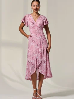 Jolie Moi Occasion Dresses|Floral Dresses-Petite Mesh Short Sleeve Wrap Midaxi Dress, Pink Floral