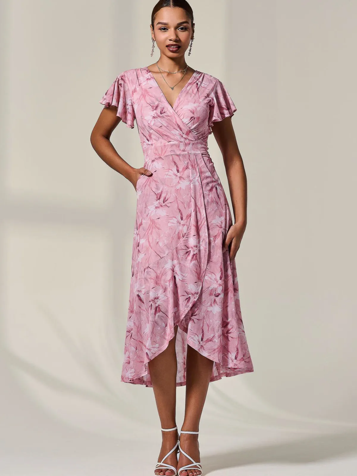 Jolie Moi Occasion Dresses|Floral Dresses-Petite Mesh Short Sleeve Wrap Midaxi Dress, Pink Floral