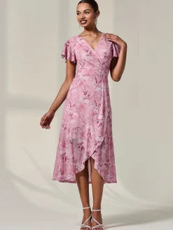 Jolie Moi Occasion Dresses|Floral Dresses-Petite Mesh Short Sleeve Wrap Midaxi Dress, Pink Floral