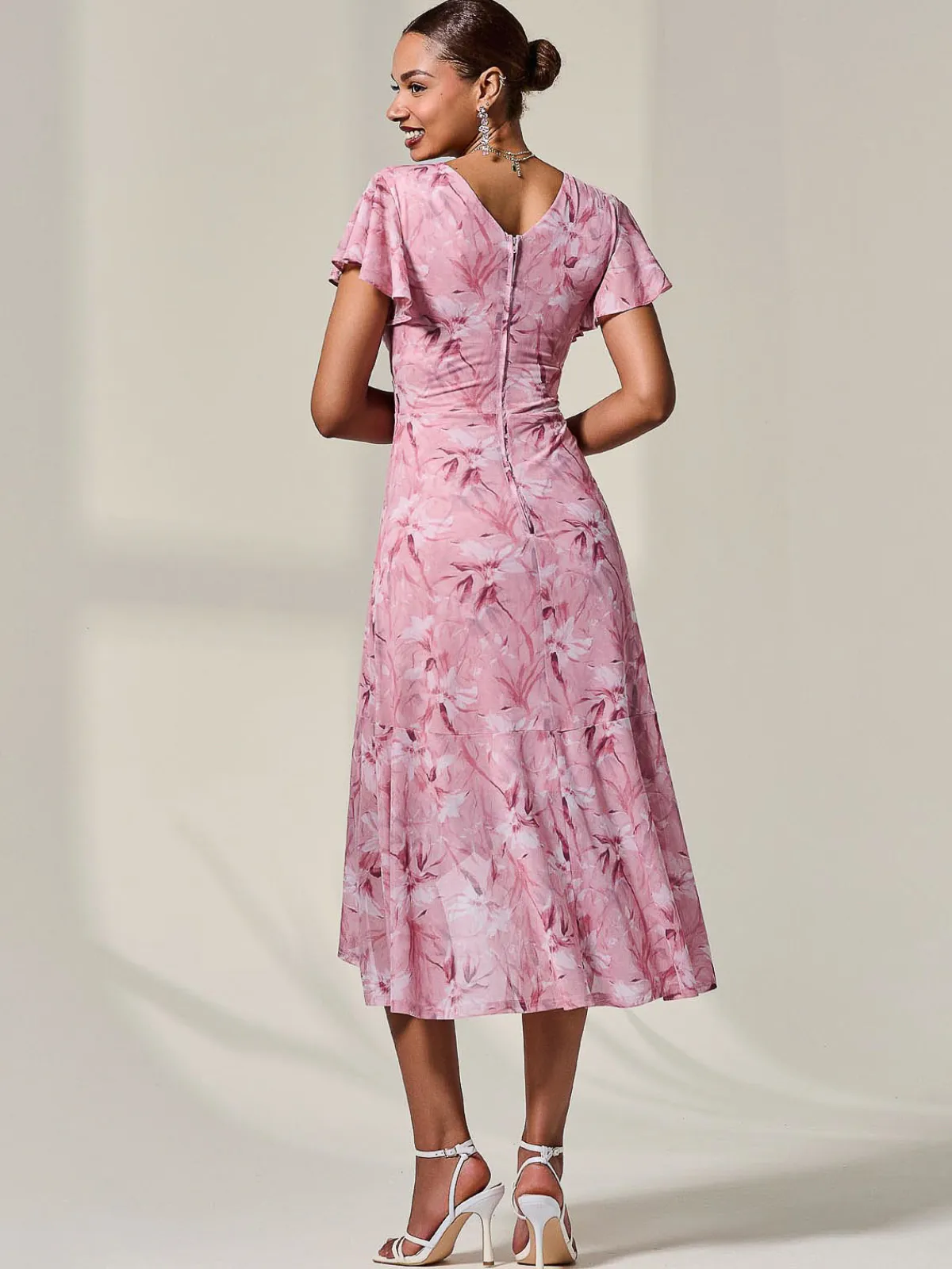 Jolie Moi Occasion Dresses|Floral Dresses-Petite Mesh Short Sleeve Wrap Midaxi Dress, Pink Floral