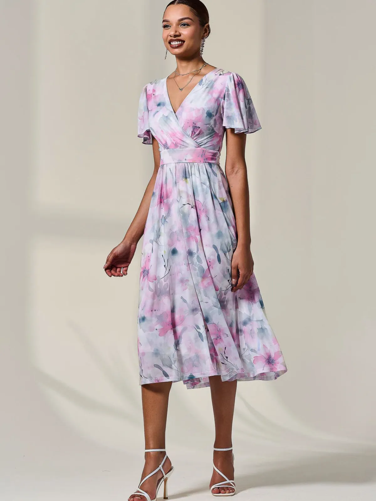 Jolie Moi Occasion Dresses|Floral Dresses-Petite Mesh Short Sleeve Wrap Midaxi Dress, Pink Multi
