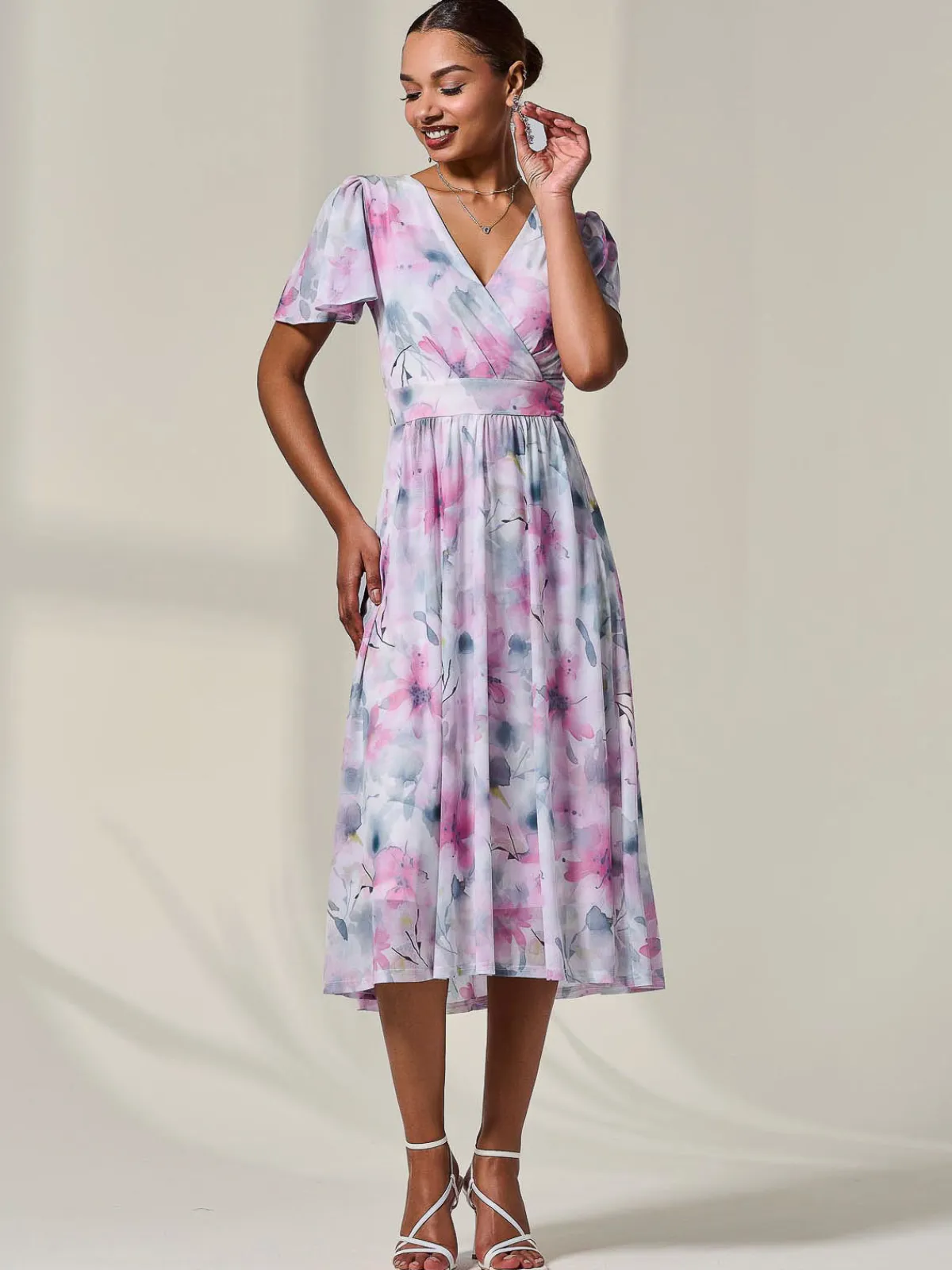 Jolie Moi Occasion Dresses|Floral Dresses-Petite Mesh Short Sleeve Wrap Midaxi Dress, Pink Multi
