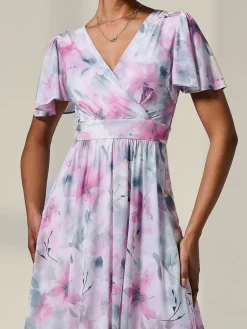 Jolie Moi Occasion Dresses|Floral Dresses-Petite Mesh Short Sleeve Wrap Midaxi Dress, Pink Multi