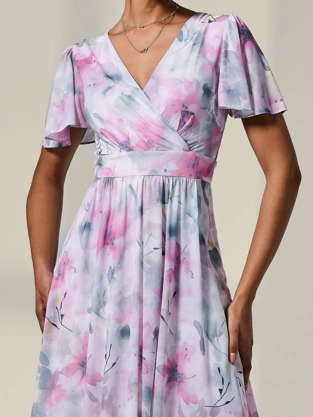 Jolie Moi Occasion Dresses|Floral Dresses-Petite Mesh Short Sleeve Wrap Midaxi Dress, Pink Multi