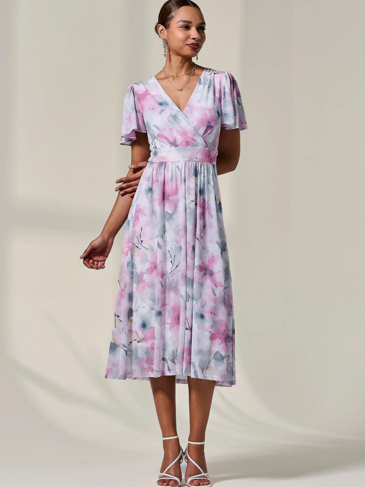 Jolie Moi Occasion Dresses|Floral Dresses-Petite Mesh Short Sleeve Wrap Midaxi Dress, Pink Multi