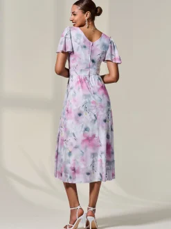 Jolie Moi Occasion Dresses|Floral Dresses-Petite Mesh Short Sleeve Wrap Midaxi Dress, Pink Multi