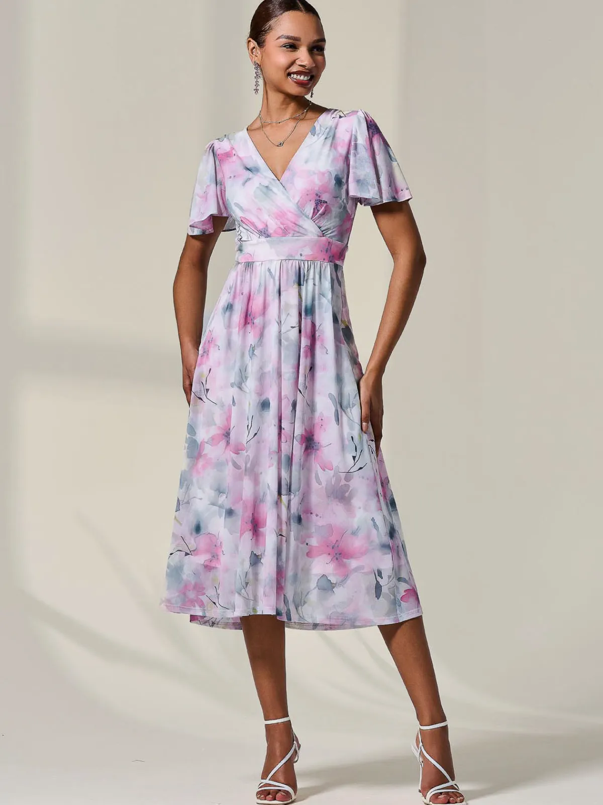 Jolie Moi Occasion Dresses|Floral Dresses-Petite Mesh Short Sleeve Wrap Midaxi Dress, Pink Multi
