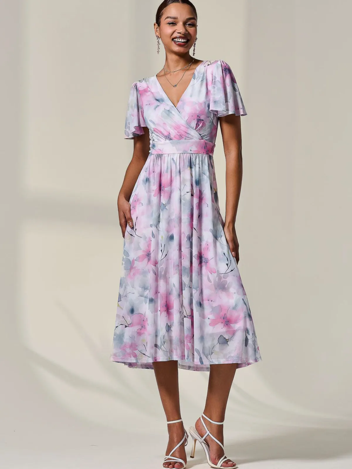 Jolie Moi Occasion Dresses|Floral Dresses-Petite Mesh Short Sleeve Wrap Midaxi Dress, Pink Multi