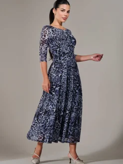 Jolie Moi Mesh Dresses|Weekend Casuals-Petite Pleated Half Sleeve Midi Dress, Grey Leopard