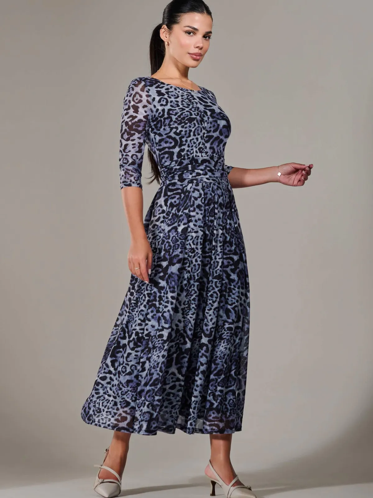 Jolie Moi Mesh Dresses|Weekend Casuals-Petite Pleated Half Sleeve Midi Dress, Grey Leopard