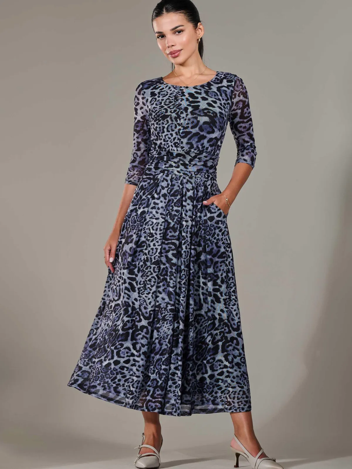 Jolie Moi Mesh Dresses|Weekend Casuals-Petite Pleated Half Sleeve Midi Dress, Grey Leopard