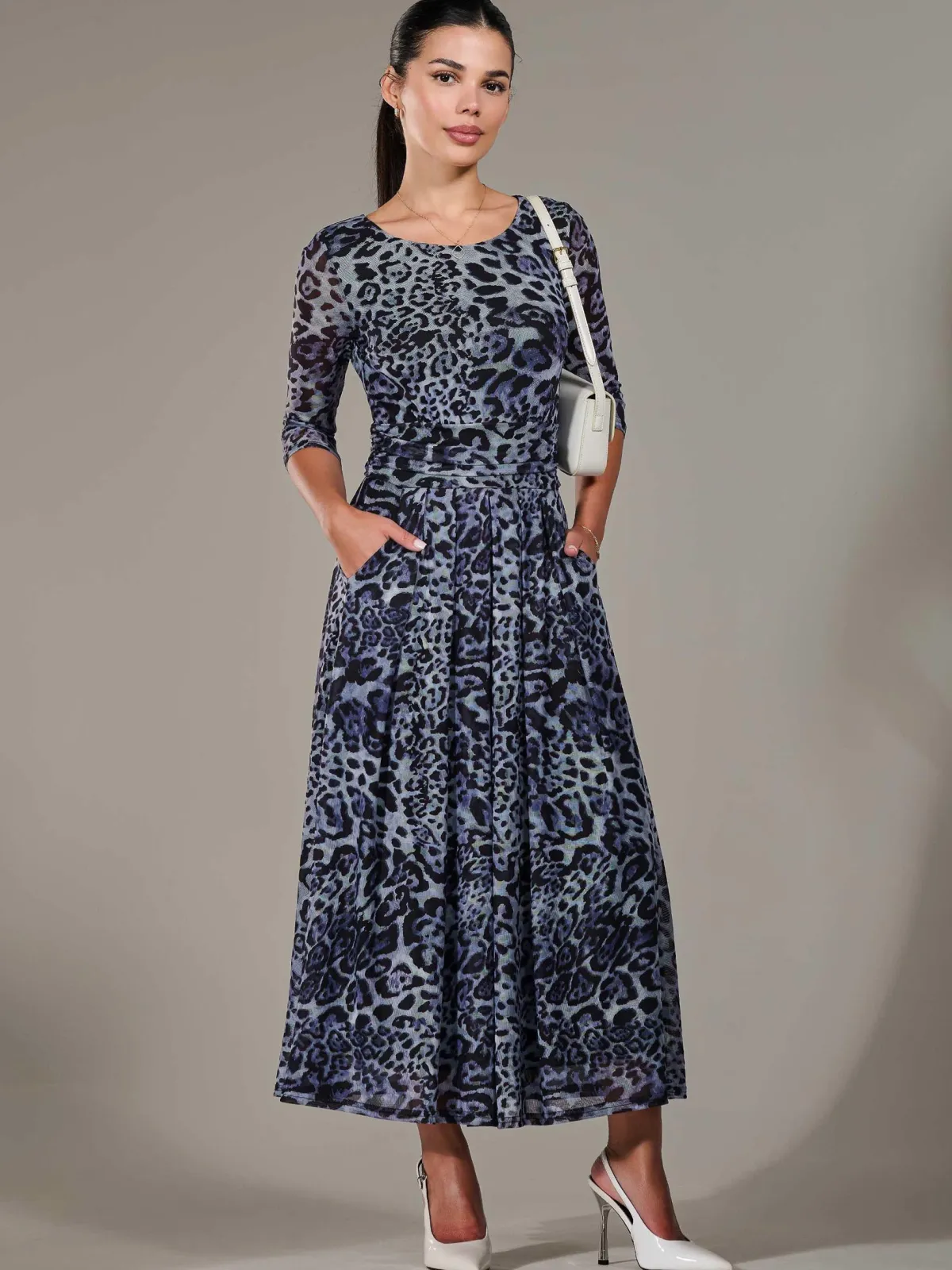 Jolie Moi Mesh Dresses|Weekend Casuals-Petite Pleated Half Sleeve Midi Dress, Grey Leopard