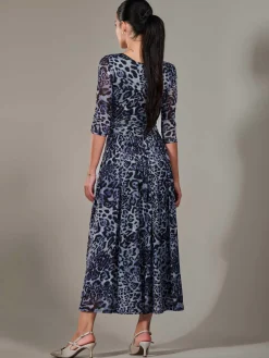 Jolie Moi Mesh Dresses|Weekend Casuals-Petite Pleated Half Sleeve Midi Dress, Grey Leopard