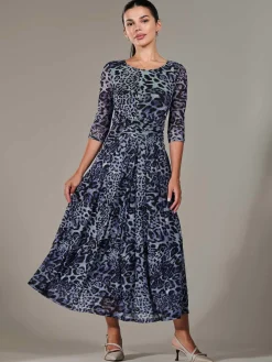 Jolie Moi Mesh Dresses|Weekend Casuals-Petite Pleated Half Sleeve Midi Dress, Grey Leopard