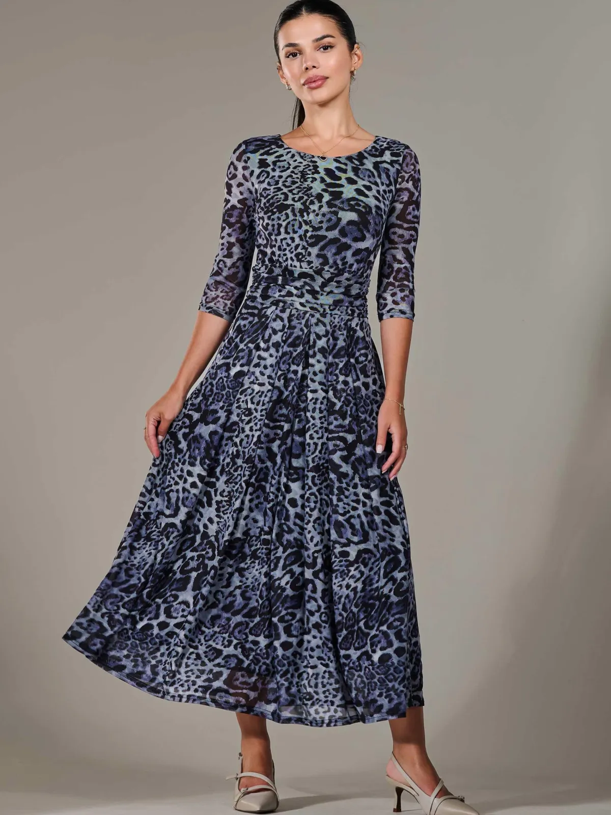 Jolie Moi Mesh Dresses|Weekend Casuals-Petite Pleated Half Sleeve Midi Dress, Grey Leopard