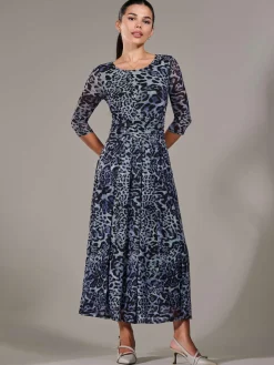 Jolie Moi Mesh Dresses|Weekend Casuals-Petite Pleated Half Sleeve Midi Dress, Grey Leopard