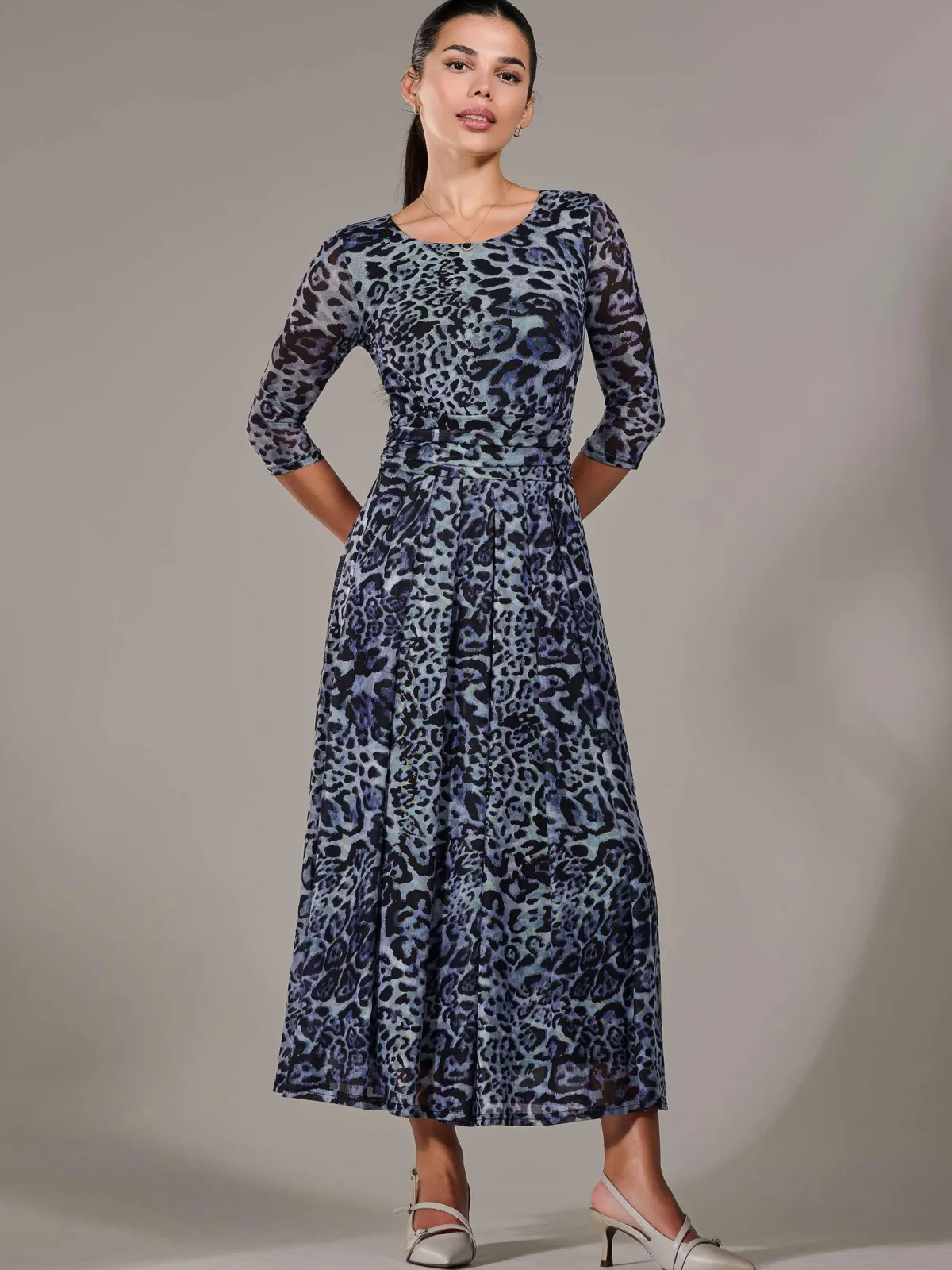 Jolie Moi Mesh Dresses|Weekend Casuals-Petite Pleated Half Sleeve Midi Dress, Grey Leopard