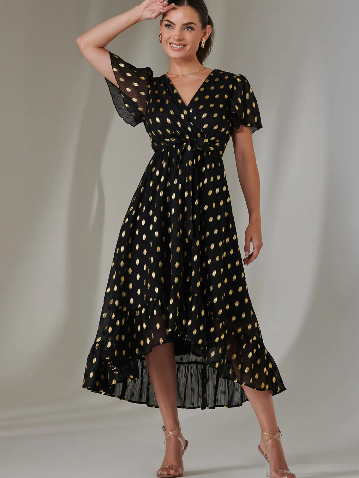 Jolie Moi Occasion Dresses|Party Dresses-Petite Short Sleeve Midaxi Dress, Black/Gold