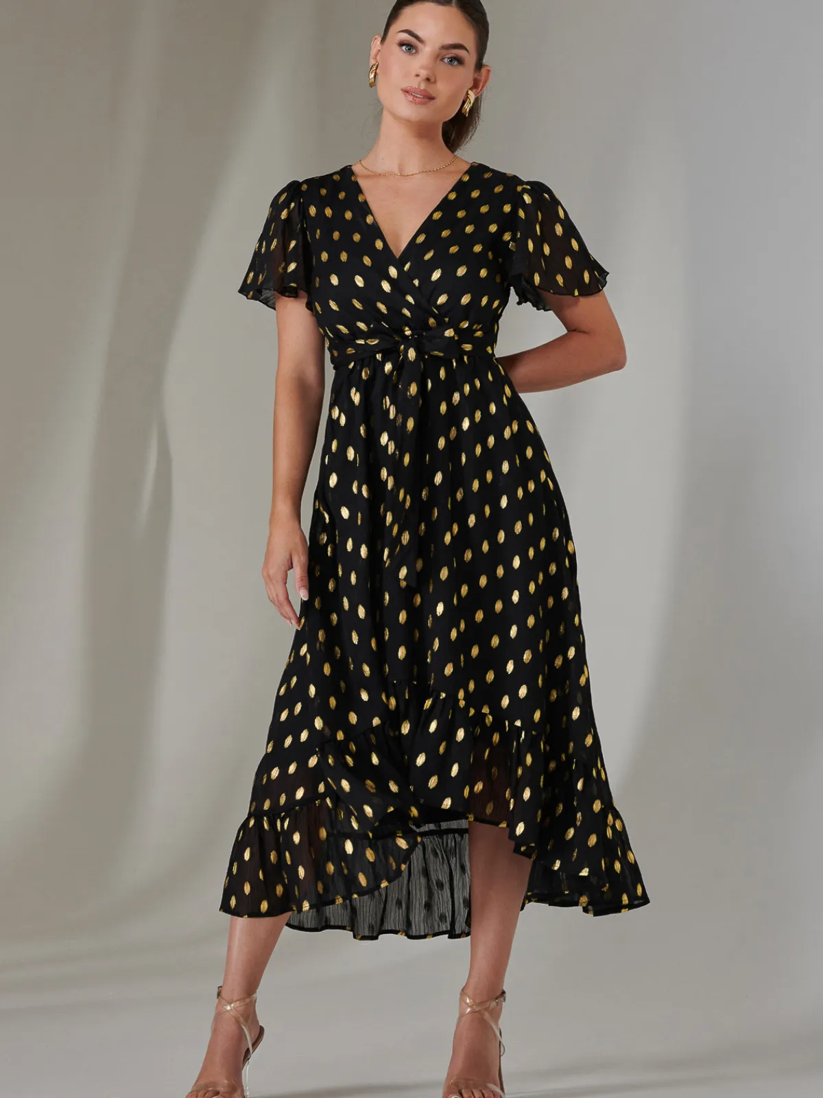 Jolie Moi Occasion Dresses|Party Dresses-Petite Short Sleeve Midaxi Dress, Black/Gold