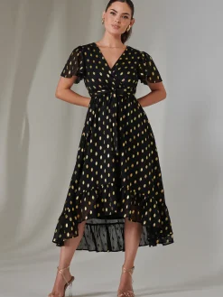 Jolie Moi Occasion Dresses|Party Dresses-Petite Short Sleeve Midaxi Dress, Black/Gold