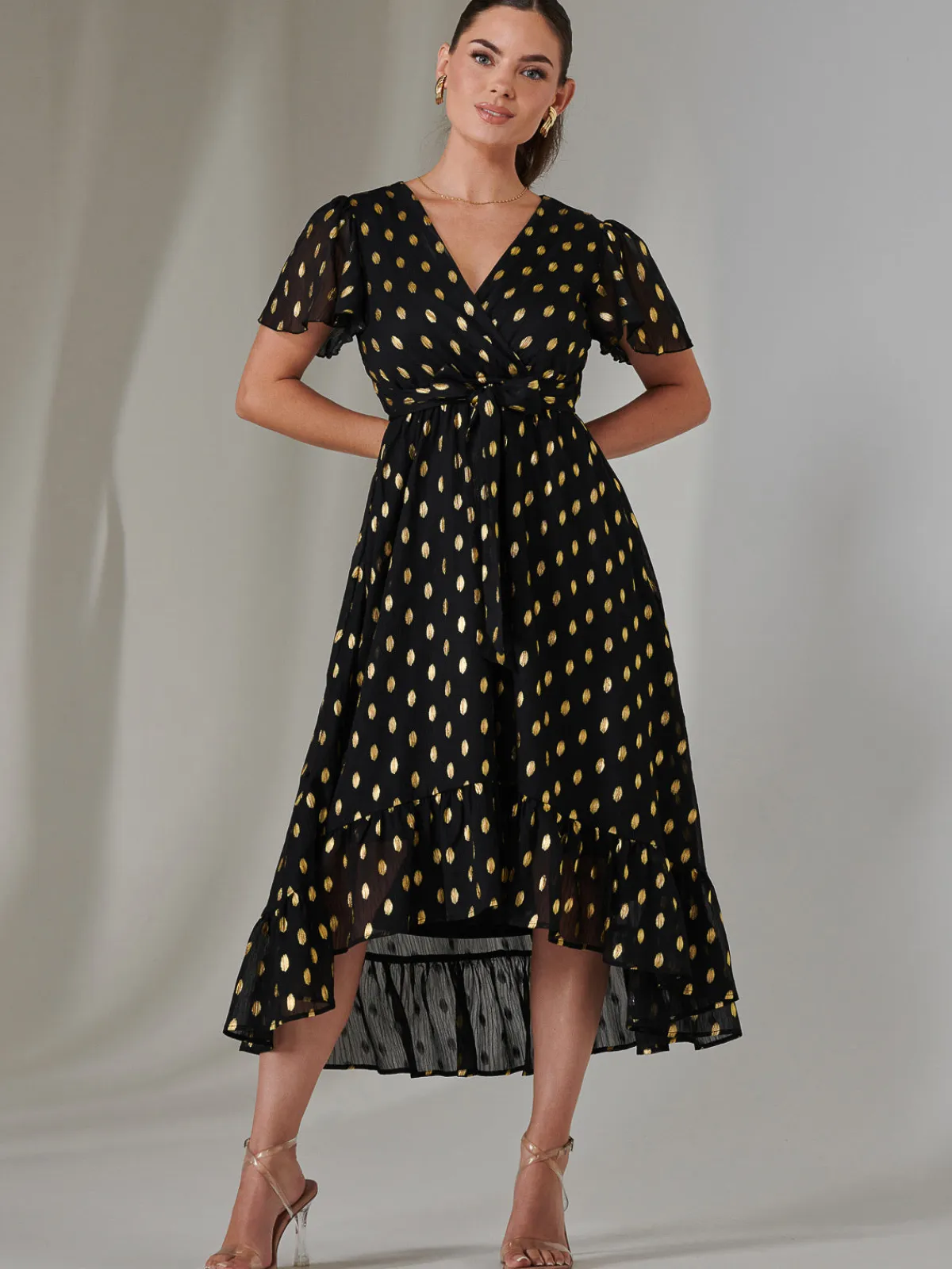 Jolie Moi Occasion Dresses|Party Dresses-Petite Short Sleeve Midaxi Dress, Black/Gold