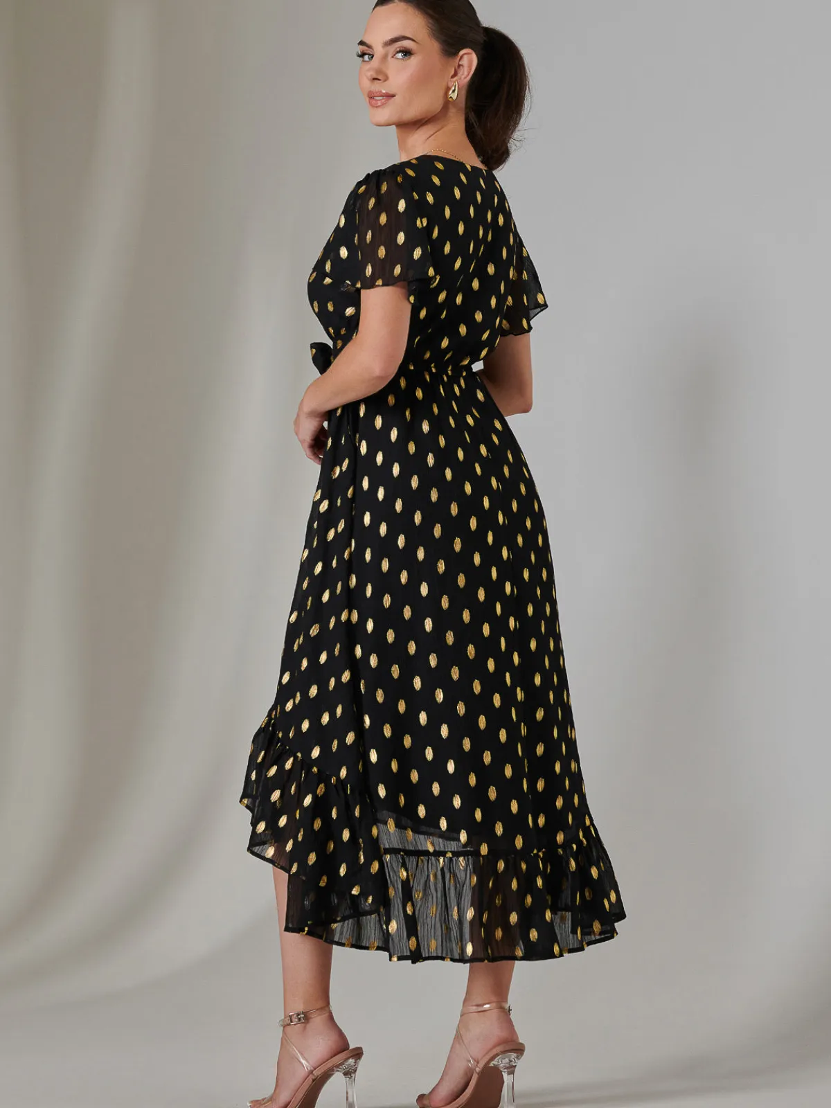 Jolie Moi Occasion Dresses|Party Dresses-Petite Short Sleeve Midaxi Dress, Black/Gold