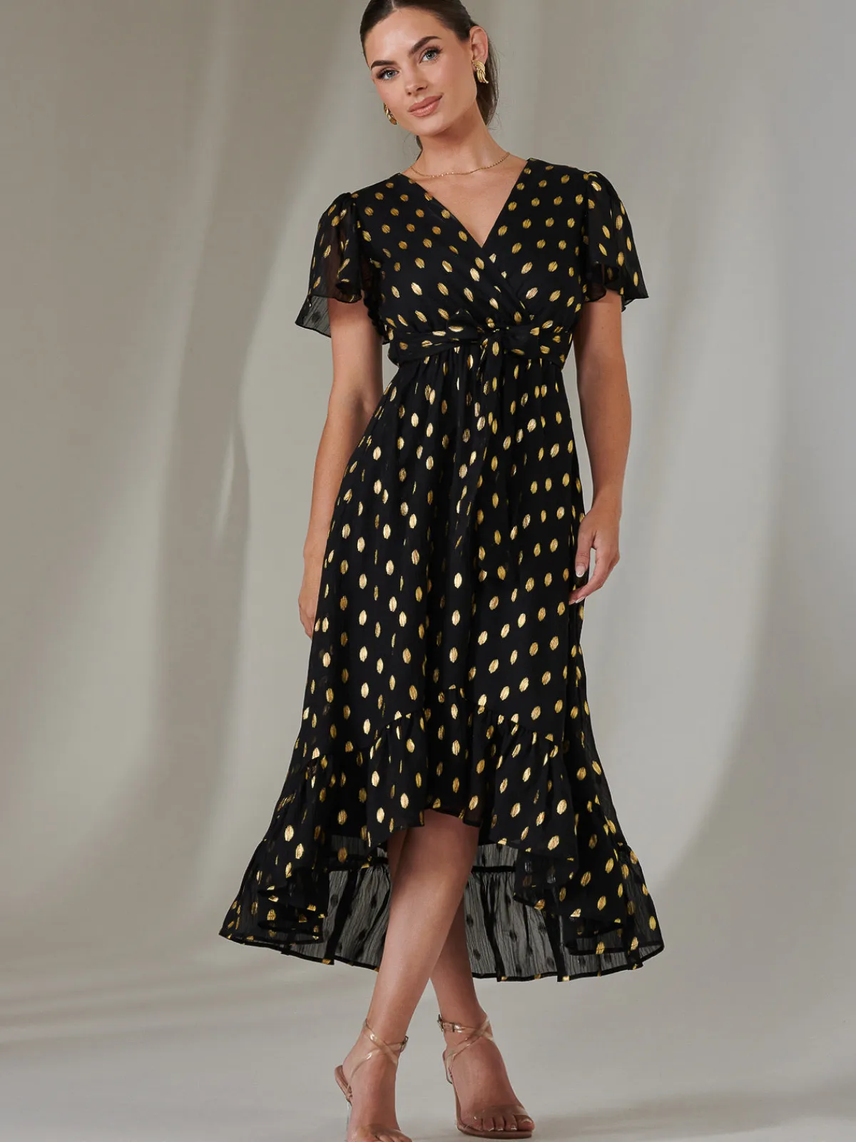 Jolie Moi Occasion Dresses|Party Dresses-Petite Short Sleeve Midaxi Dress, Black/Gold