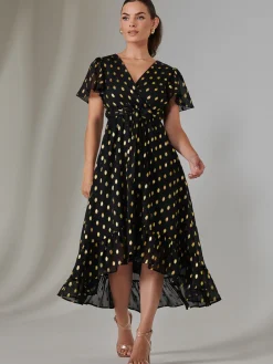 Jolie Moi Occasion Dresses|Party Dresses-Petite Short Sleeve Midaxi Dress, Black/Gold