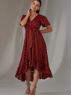 Jolie Moi Occasion Dresses|Party Dresses-Petite Short Sleeve Midaxi Dress, Burgundy
