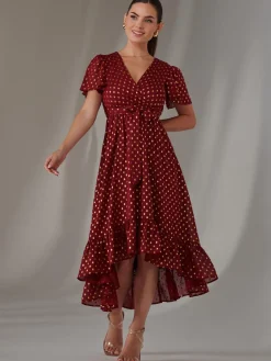 Jolie Moi Occasion Dresses|Party Dresses-Petite Short Sleeve Midaxi Dress, Burgundy