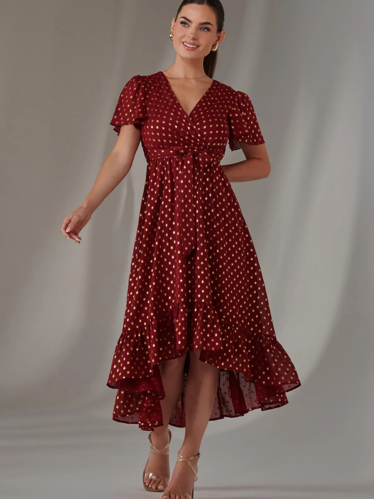 Jolie Moi Occasion Dresses|Party Dresses-Petite Short Sleeve Midaxi Dress, Burgundy