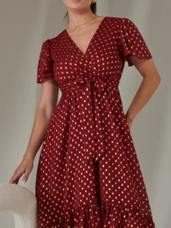Jolie Moi Occasion Dresses|Party Dresses-Petite Short Sleeve Midaxi Dress, Burgundy