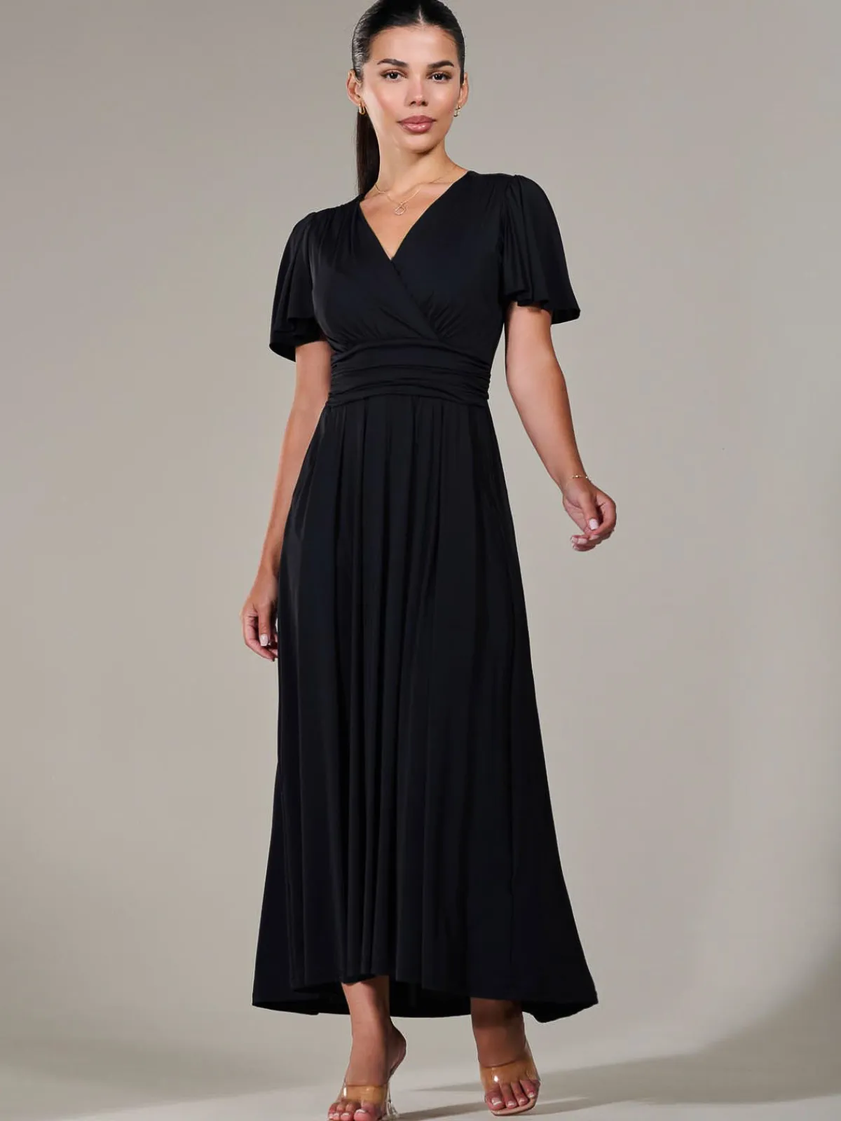 Jolie Moi Occasion Dresses|Maxi Dresses-Petite Short Sleeve Soft Silky Jersey Maxi Dress, Black