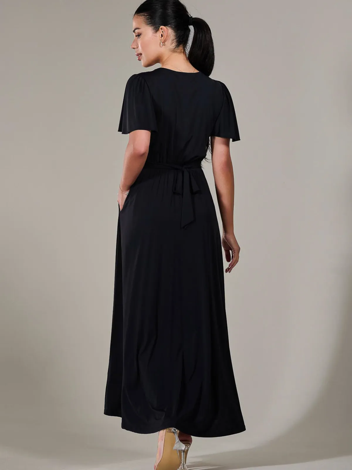 Jolie Moi Occasion Dresses|Maxi Dresses-Petite Short Sleeve Soft Silky Jersey Maxi Dress, Black