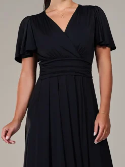 Jolie Moi Occasion Dresses|Maxi Dresses-Petite Short Sleeve Soft Silky Jersey Maxi Dress, Black