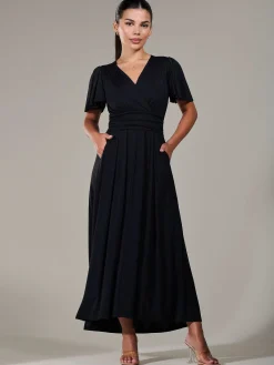 Jolie Moi Occasion Dresses|Maxi Dresses-Petite Short Sleeve Soft Silky Jersey Maxi Dress, Black